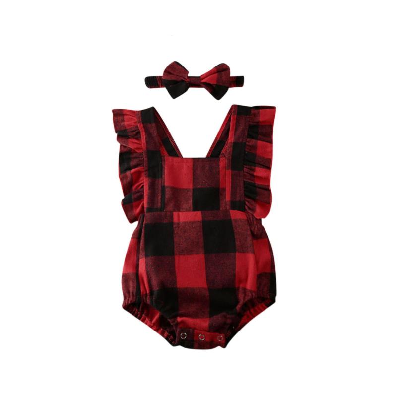 

Jumpsuits 0-18M Born Baby Boy Girl Rompers Christmas Plaid Print Headband Outfit Xmas Set, Blue