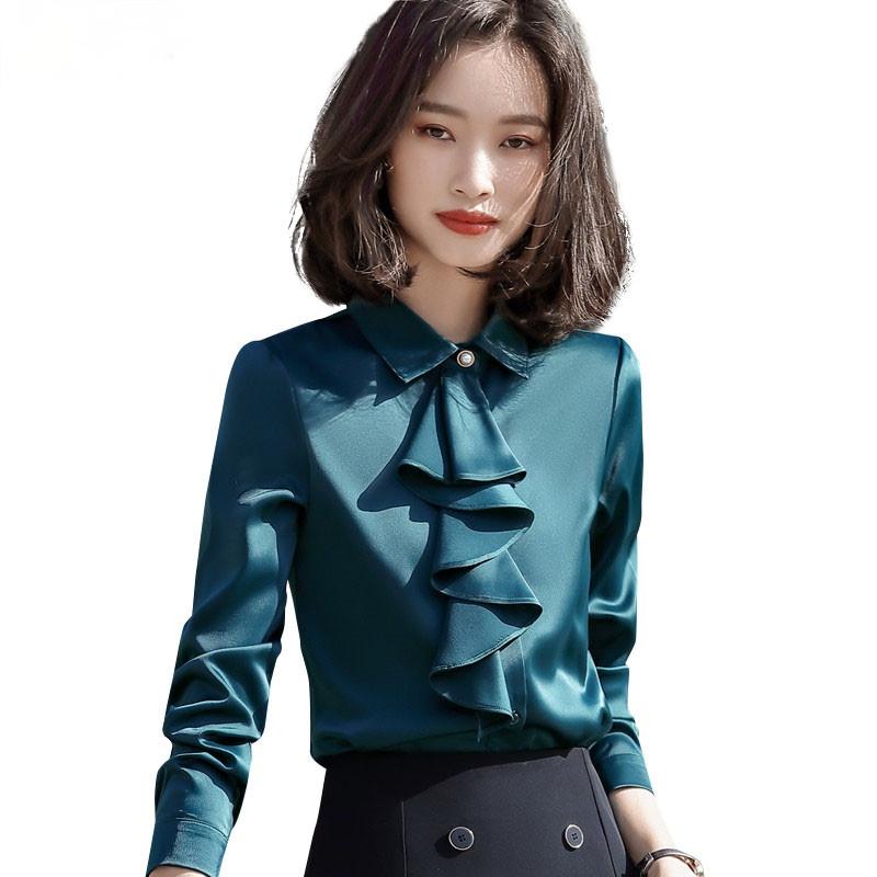 

Women' Blouses & Shirts Chiffon Shirt Women 2021 Fashion Satin Long Sleeve Ruffles Slim Office Ladies Professional Work Tops, Green