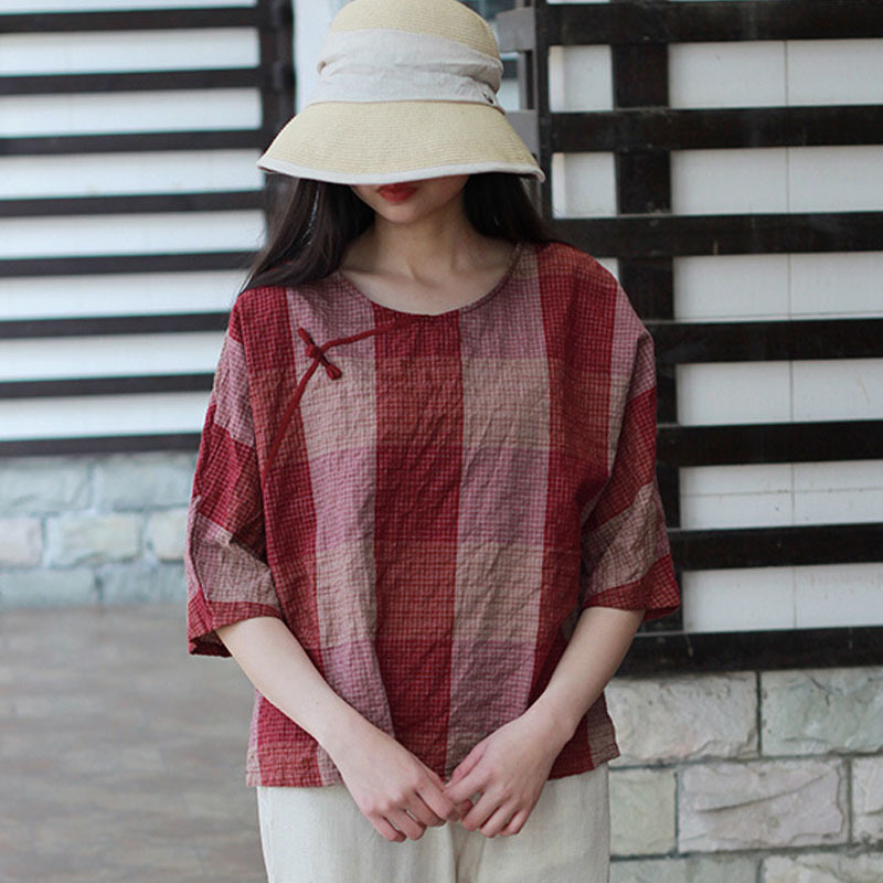 

Johnature Spring Summer Retro Plaid O-neck Plate Buckle All-match Pullovers Shirt Cotton Linen Comfortable Women Tops 210521, Red