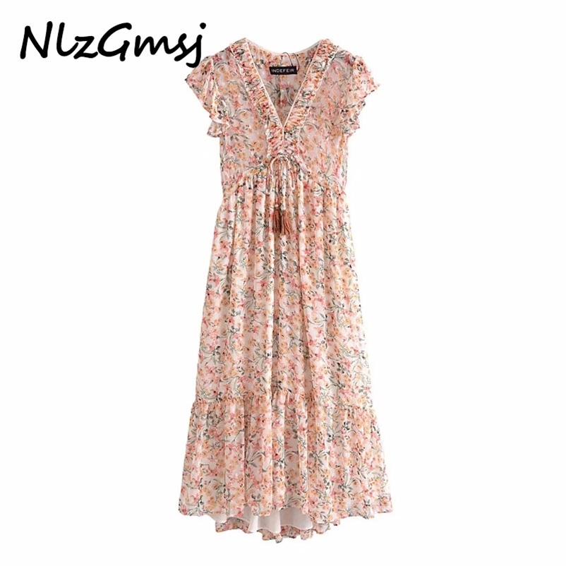 

Dres V Neck Print Chiffon Midi Elegant Agaric Lace Ruffles Vestidos Chic Brand Party Summer 04 210628, As picture