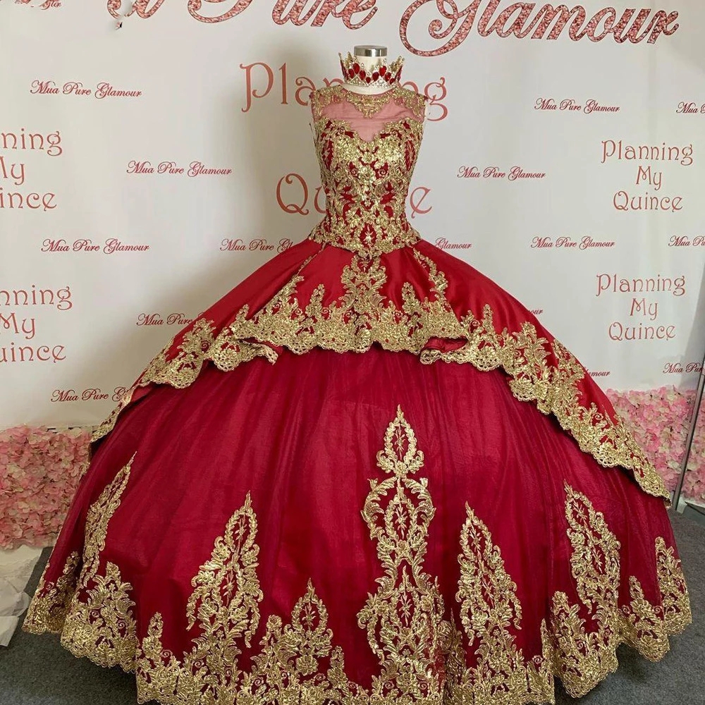 

Stunning Gold Lace Embroidery Ball Gown Quinceanera Prom Dresses Burgundy Sheer neck Keyhole Back XV Mexican Charro 2022 Evening party dress Vestidos 15 Anos, Light yellow