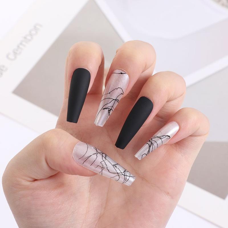 

False Nails 24 Pcs Long Ballerina Nail T-shaped Extra Patch Sequins Brushed Fake Detachable Ballet Coffin Tip