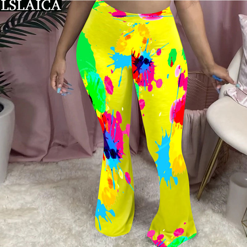 

Women Pants Tie Dye Print Streetwear Casual Long Trousers Mid Waist Elastic Wide Leg Flare Female Mujer Pantalones 210520, Yellow