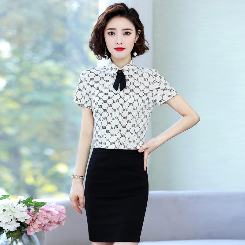 

Women' Blouses & Shirts Styles 2021 Summer Office Ladies Work Wear Blouse Female Tops Clothes OL Formal Uniform Designs Business Shirt For, Black skirt