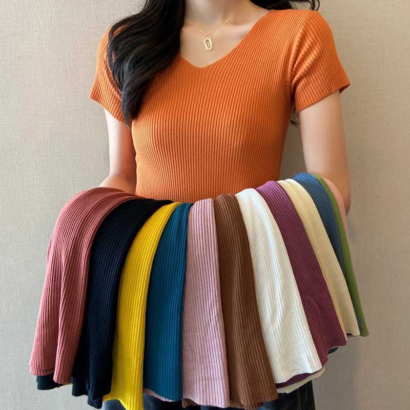 

Summer Ins Fashion V-neck Short Sleeve Knitted T-shirt Women Slim Tight Bottoming Sweater Tees 210607, Dark blue