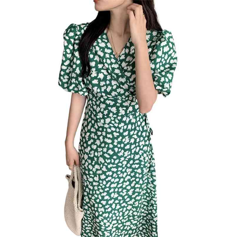 

Fashion Women's Dress Summer Gentle Print Slim and Thin Lace-up Puff Sleeve Temperament For Women 210520, Green flower