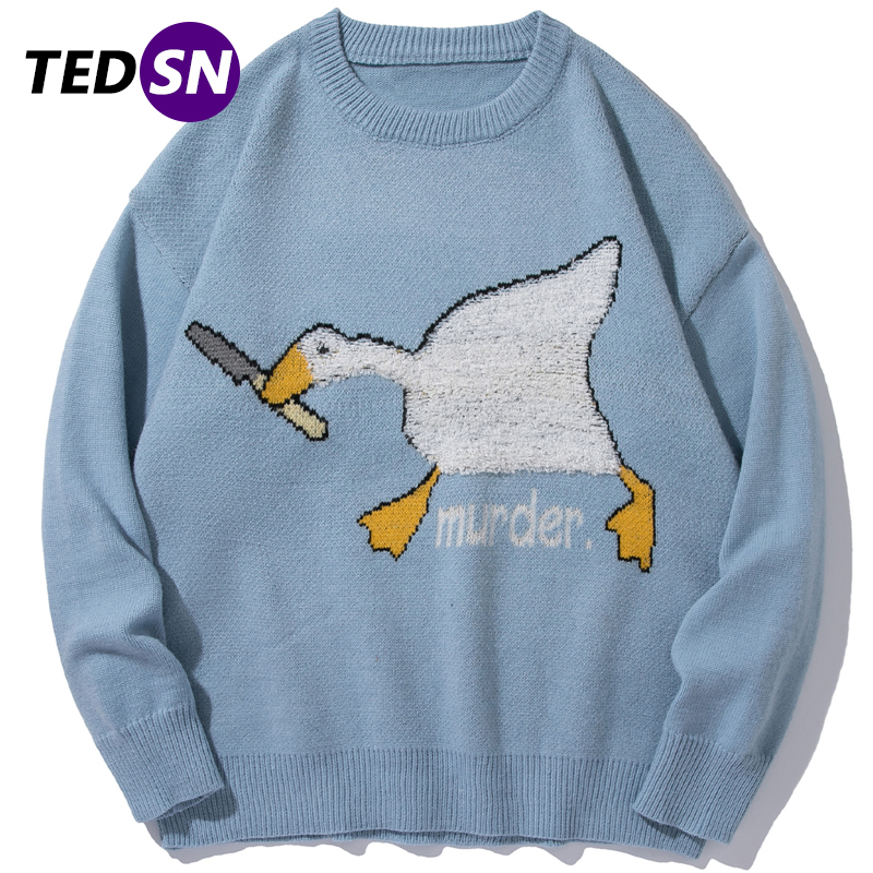 

TEDSN 2021 Winter Goose Du Cartoon Printed Harajuku Korean Style Men Knitted Sweater Murder Oversize Pullovers Unisex Clothing, Sky blue