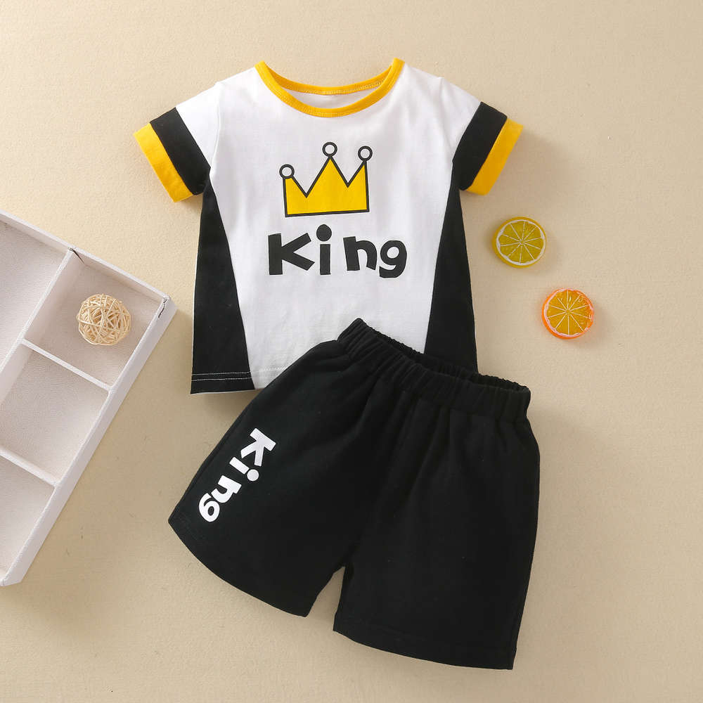 

Boys and girls suits Ins summer boys' short sleeve crown king letter set 2-piece children's wear, White