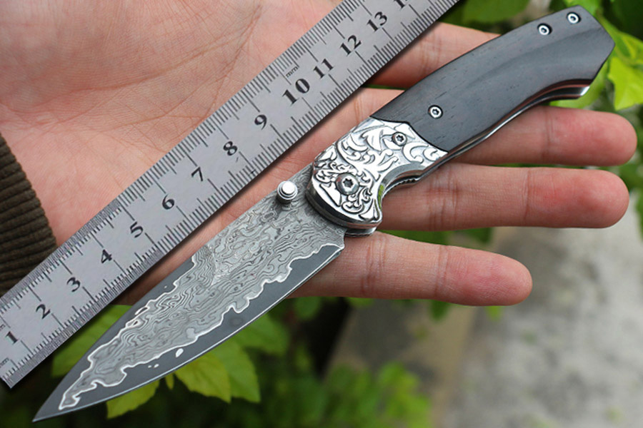 

Damascus steel CNC processing flipper bearing folding knife ebony handle EDC outdoor camping hunting self defense pocket survival knives 26s