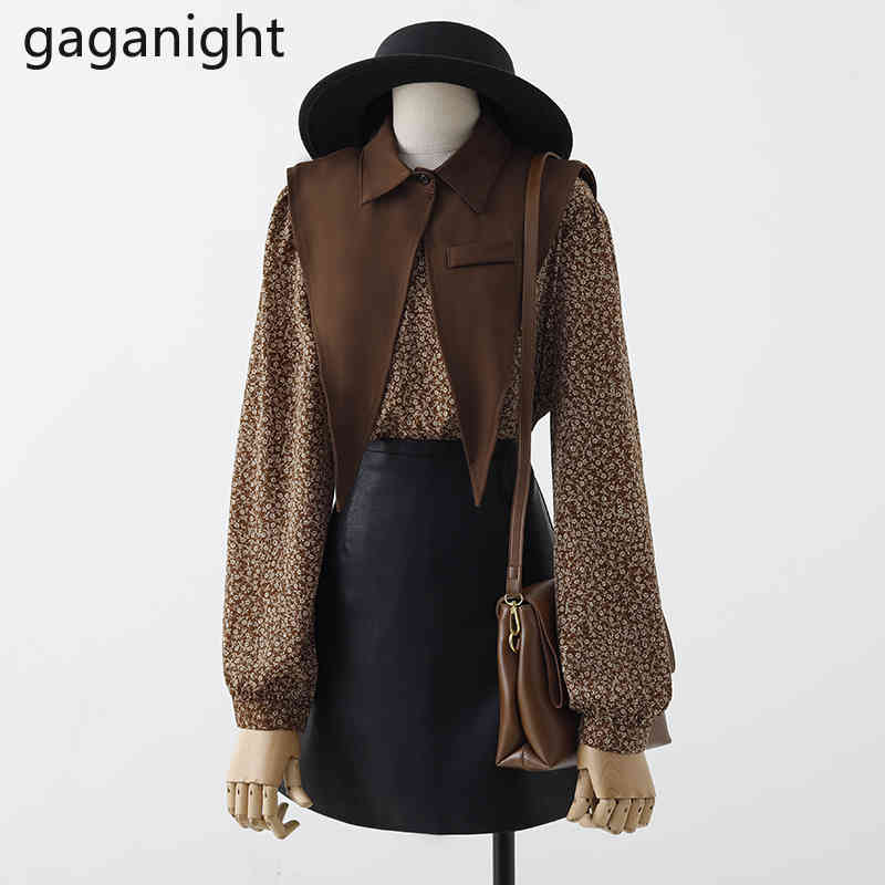 

Gaganight Women Vintage Floral Shirt Long Sleeve Slim Blouse Korean Peter Pan Collar Shawl Tops Two Pieces Set Girls Spring 210519, Dark brown
