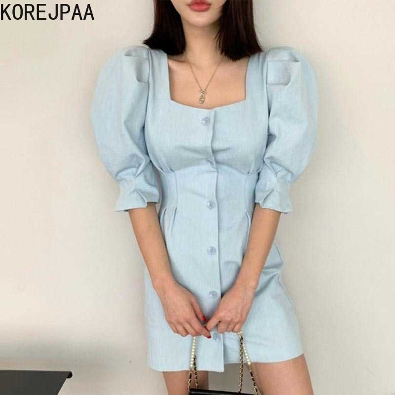 

Korejpaa Women Dress Summer Korean Chic Girl Age-Reducing Temperament Square Collar Pleated Slimming Puff Sleeve Vestidos 210526, Blue
