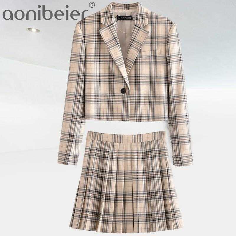 

Women 2 Pieces ZA Plaid Skirts Blazer Set Notched Office Lady Single Button Suits Female Plus Size A Line 210604, Skirt