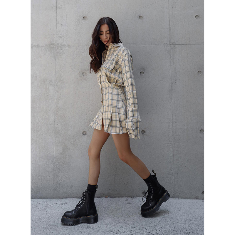 

dress for women Plaid shirt pleated waist sexy French ruffled women robe sexy dress, Beige