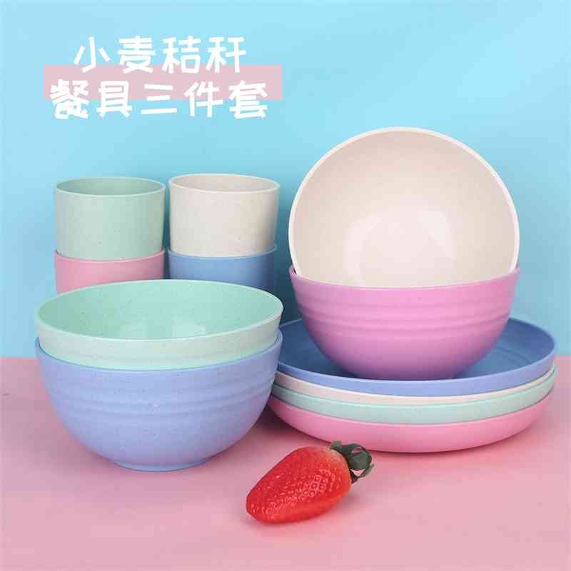 

Wheat straw tableware 12 piece household bowl, cup and plate set gift printable