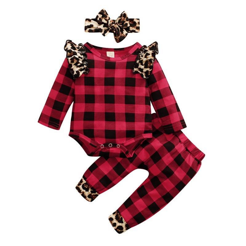 

Clothing Sets 3 PCS Set Autumn Born Baby Girl Boy Long Sleeve Plaid Print Romper Tops +Pants+Headband Infant Kids Outfits Clothes, White