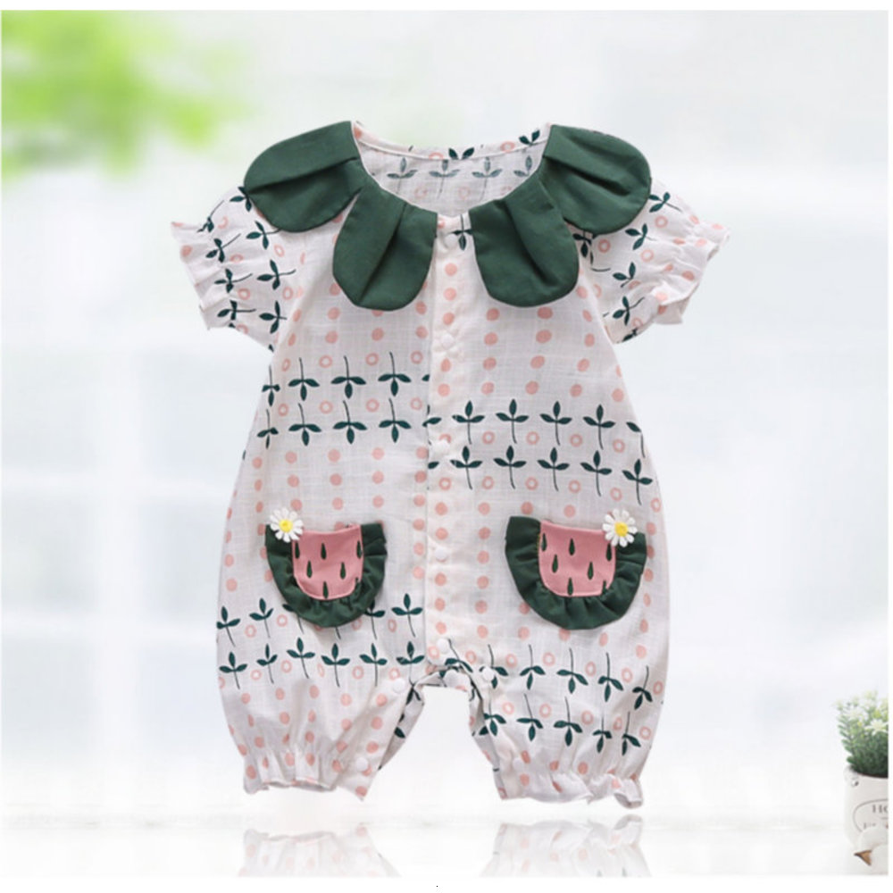 

Summer baby thin single cotton 0-3-6-9-12-month girl's short sleeve Jumpsuit, White