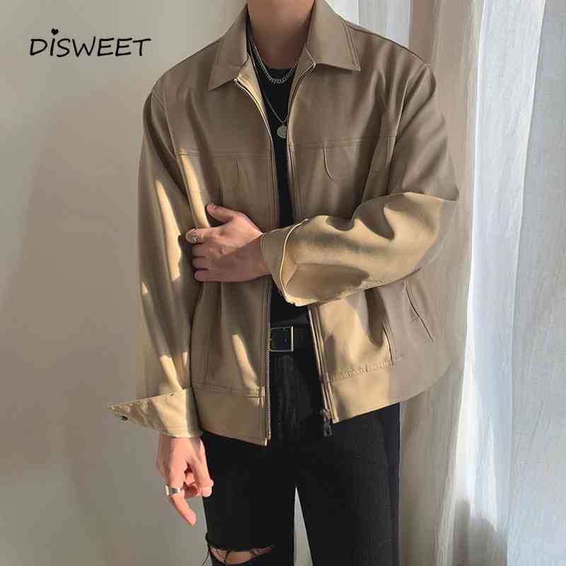 

jackets Faux Leather Solid Color Men Slim Korean Motorcycle Jacket, Khaki