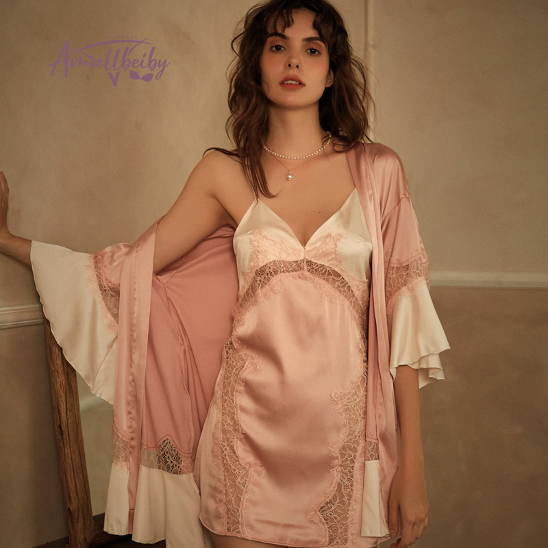 

2021spring pajamas female sweet temptation sling silk nightgown hollow lace bathrobe women sleepwear wedding robe with belt, Black;white