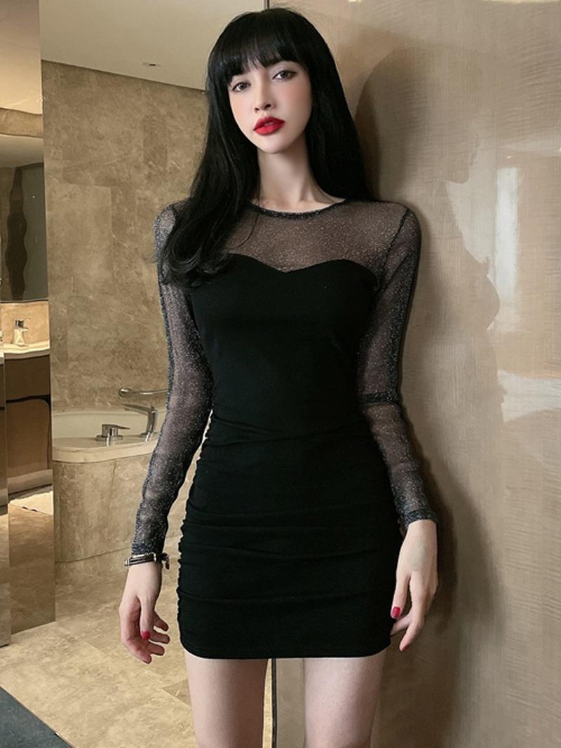 

Casual Dresses Sexy Bright Silk O Long Sleeve See Through Black Mesh Dress Mini Hip Ruched Wild Robe Autumn Party Short Prom Lady Vestidos, Black;gray