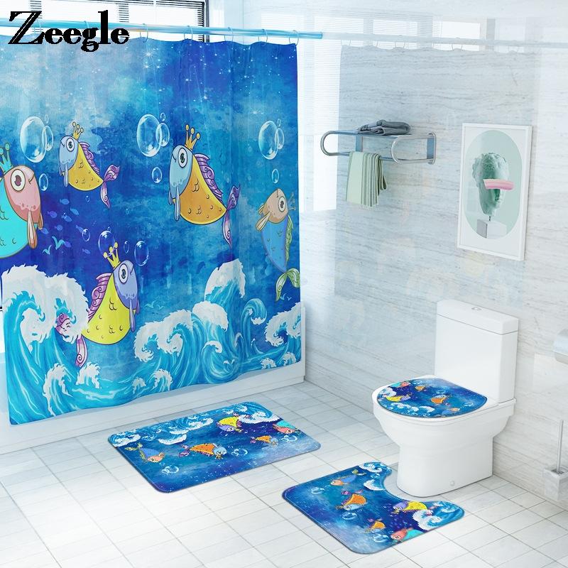

Bath Mat Bathroom Carpet Rug And Waterproof Shower Curtain Set Non-slip Floor For Toilet U-Shaped Mats