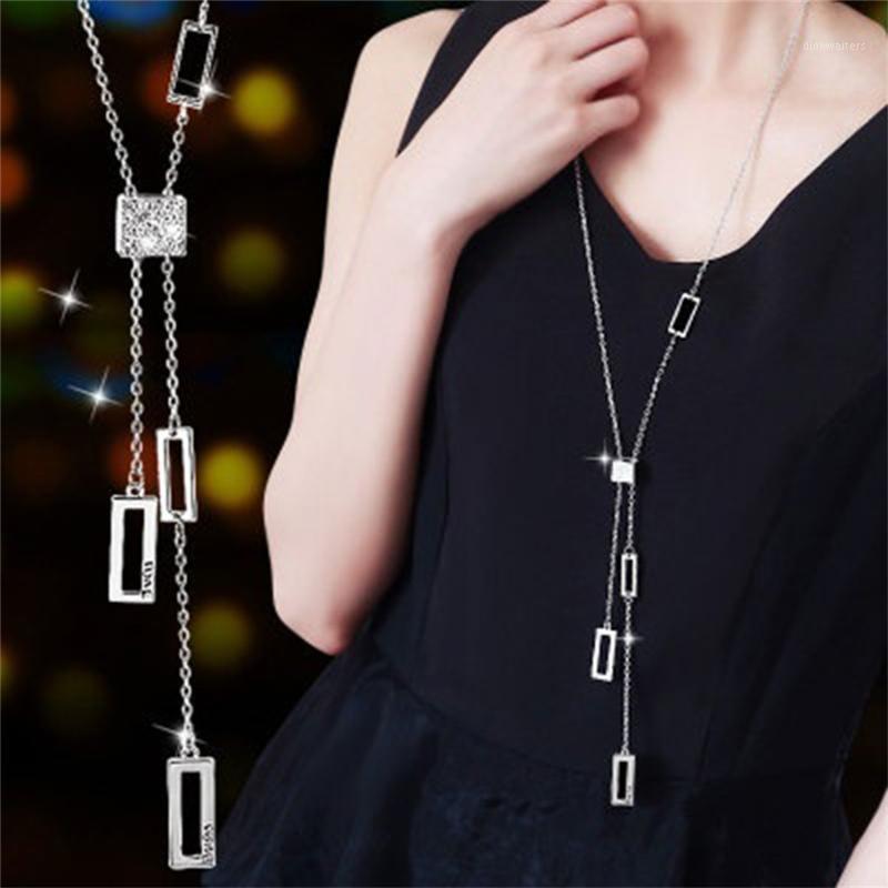 

Qianraq Ladies Creative Crystal Geometric Pendant Necklace Trendy Rhinestone Simple Long Sweater Chains For Women Girls