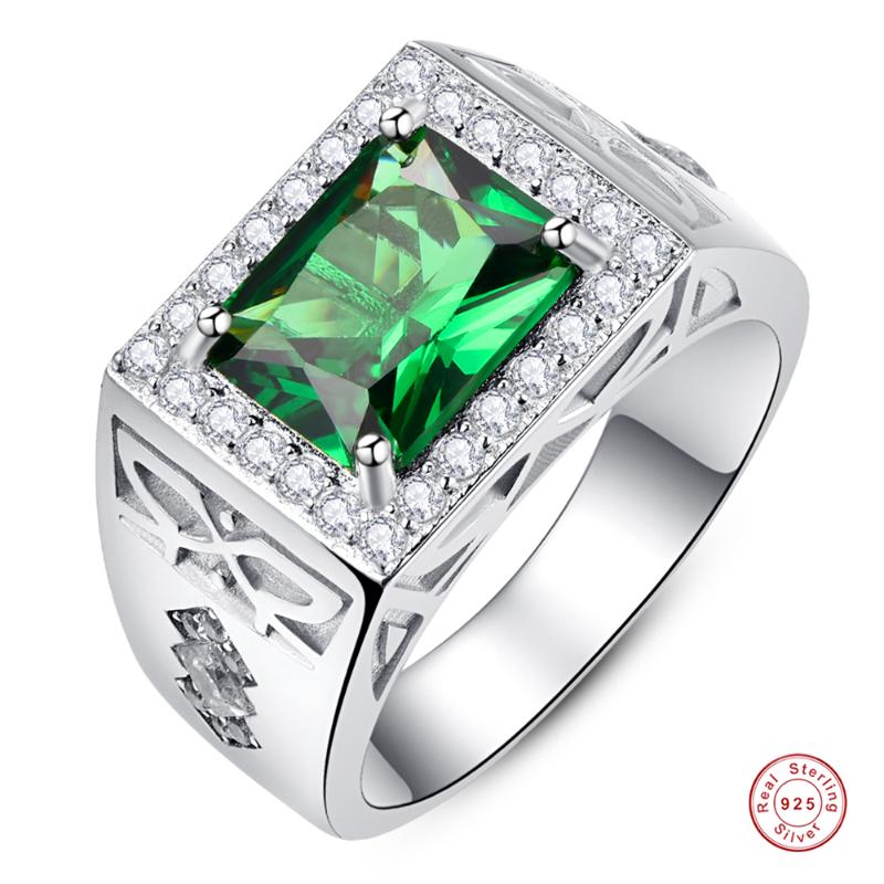 

Cluster Rings 925 Sterling Silver Men's Square Green Zircon Pave Diamonds Ring Emerald White Cubic Zirconia Wedding, Golden;silver