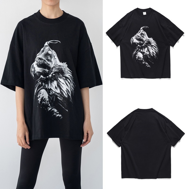 

Kanye High street same Eagle print wash T-shirt loose couple short sleeve fashion brand, White;black