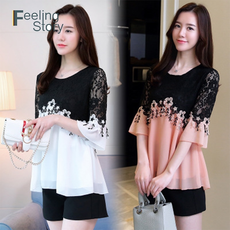 

Korean Style Womens Plus Size Tops and Blouses Summer Chiffen Flare Sleeve Blouse Lace Loose Shirt Blusas Mujer De Moda 210603, Pink