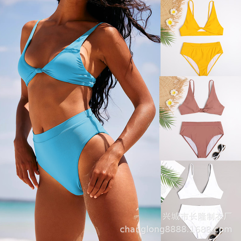 Solid 2021 Split Sexy High Waisted Bikini Swimsuit-image-678619020