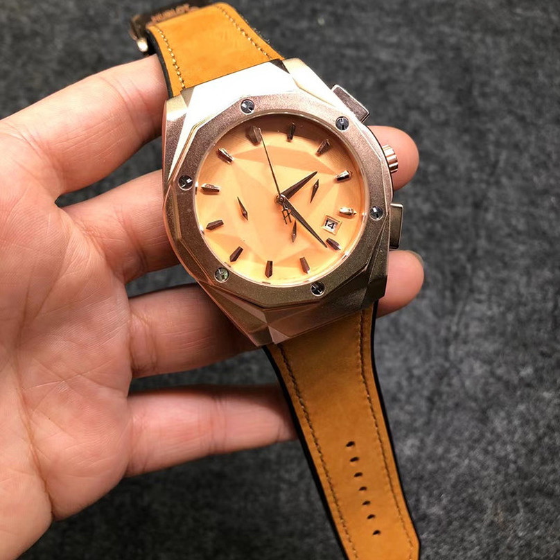 8-12Mens gold watches leather strap screw embedded in rubber case design business models sports luxury fashion brand quartz chronograph-image-676077609