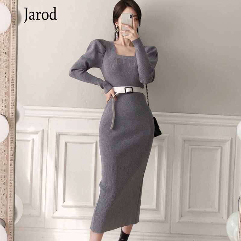 

Autumn Winter Sweater Long Dress Women Knitted Square Neck Puff Sleeve Slim Package Hip Split With Belt 210526, Picture color