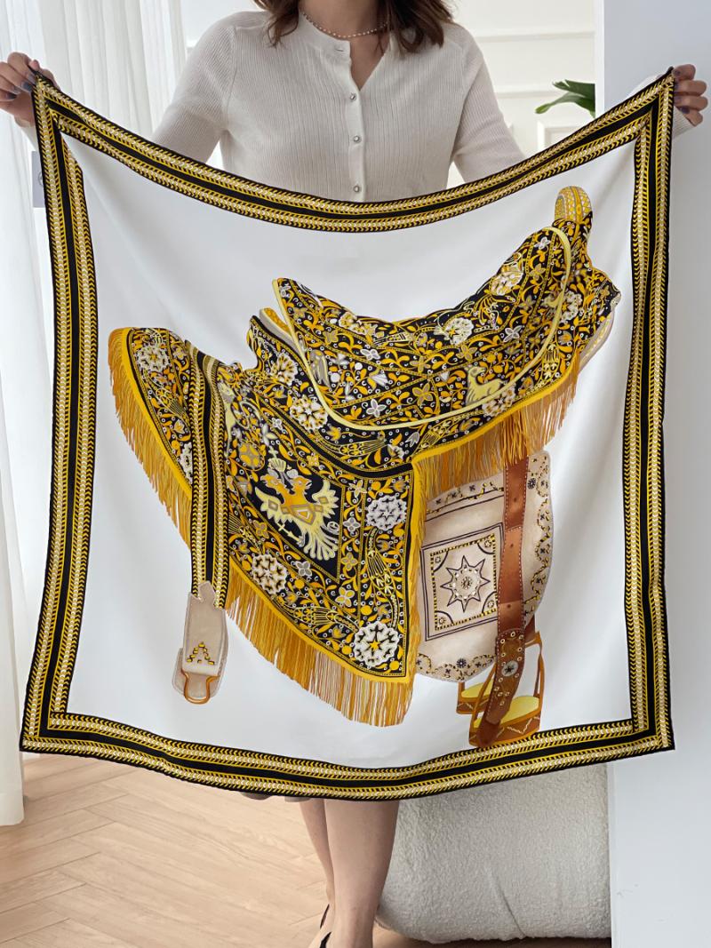 

Scarves 100 % Natural Mulberry Scarf "Selle Des Steppes" 90 Silk Scarf, Twill Printing, Anti-wrinkle, Handmade Stitchin, Blue;gray