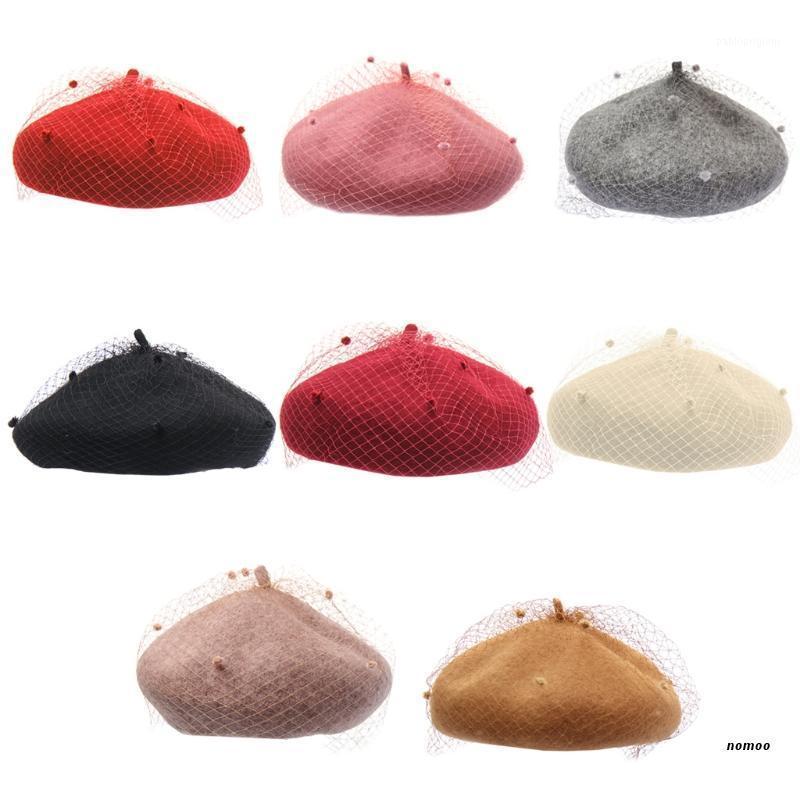 

Berets Women Ladies Autumn Winter Wool Beret Vintage Net Veil Pattern Female Painter Outdoor Elegant Beanies Bonnet Hat, Black