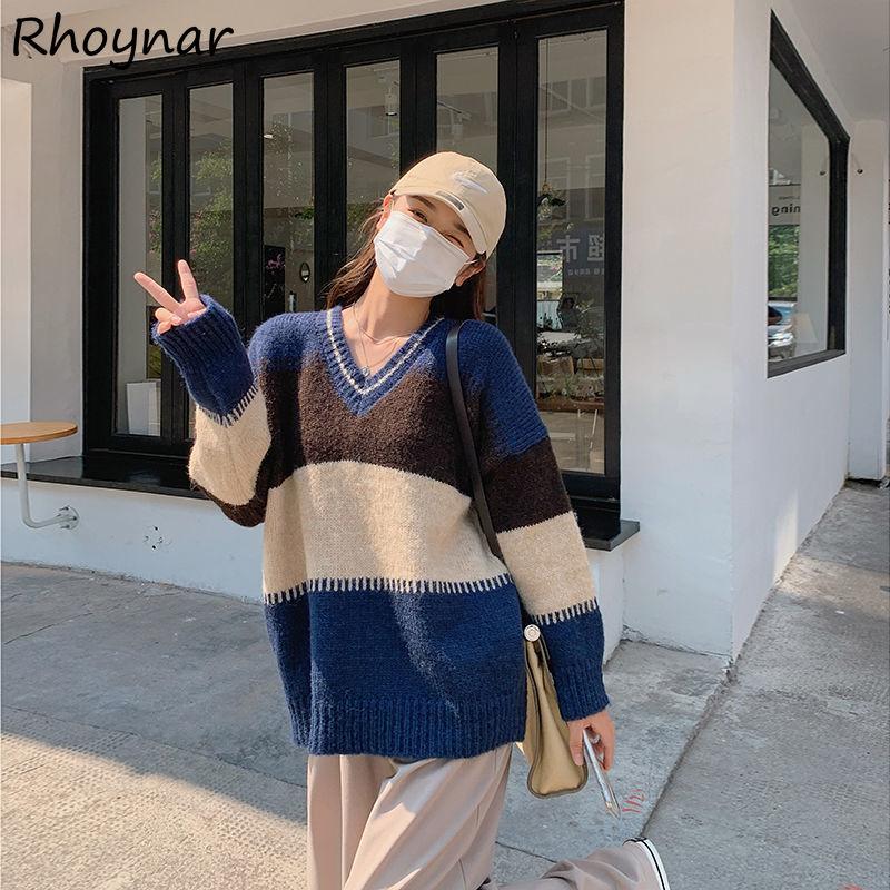 

Women's Sweaters Sweater Pullovers Women Autumn Knitting All-match Sweet Students Leisure Patchwork Fashion Streetwear V-neck Oversize Desig, White;black