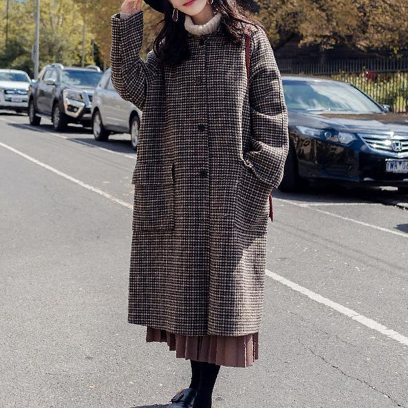 

Women' Wool & Blends Japanese Women Winter Thick Lattice Overcoat Loose Long Sleeve Round Neck Single-breasted Pocket Patchwork Lady Coat, Beige