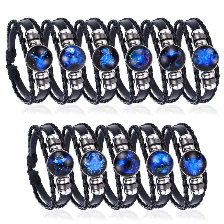 

Glowing In The Dark 12 Constellation Leather Wrap Bracelet Punk Zodiac Braided Bracelet for Women Men Gifts