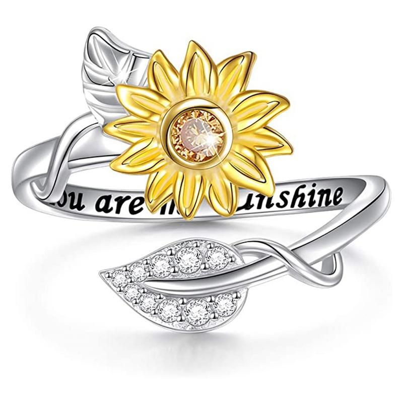 

cluster rings sunflower open adjustable gold/silver color message "you are my sunshine" women rhinestone jewelry, Golden;silver
