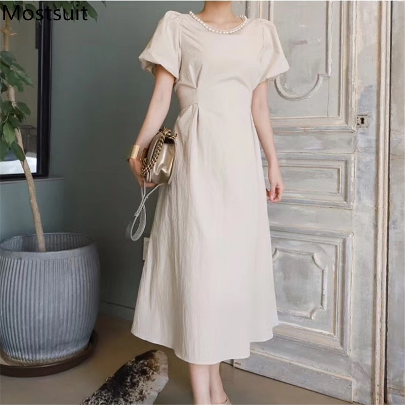 

Summer Pearl Beading Korean Long Dress Women Short Sleeve O-neck Sashes Belted Solid Fashion A-line Dresses Elegant Vestido 210518, Black