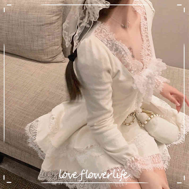 

Winter Lace Knit Mini Dress Women Casual Long Sleeve Kawaii Dress Korean Spring V-Neck Sweater Dress Female Cute 210521, Creamy-white