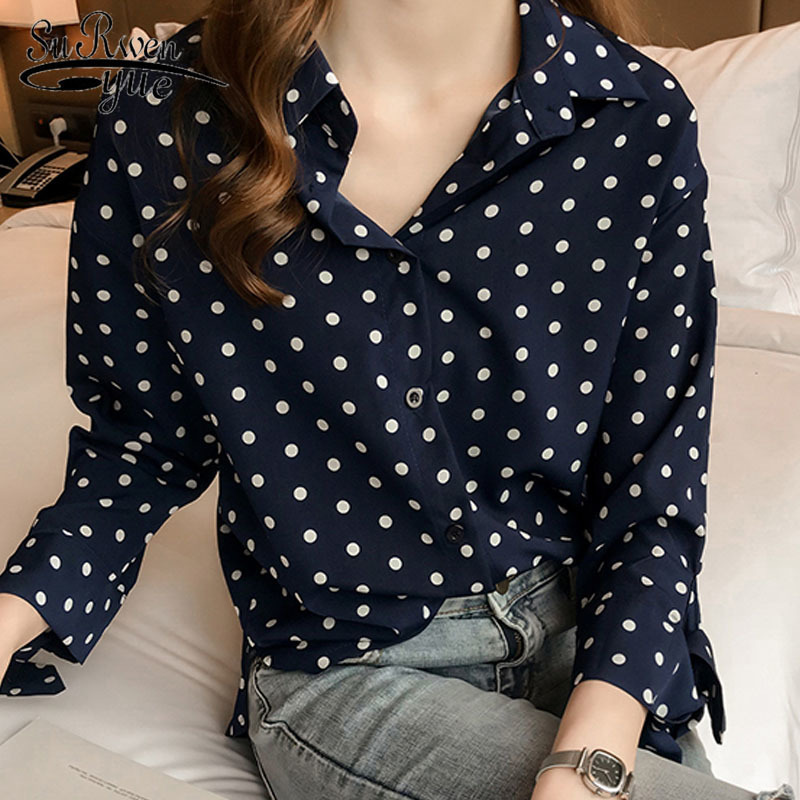 

Autumn Chiffon Plus Size Tops Women Blouses Loose Polka Dot Shirts Female Bow Long Sleeve Blouse women M-4XL Blusa 1202 40 210521, Red