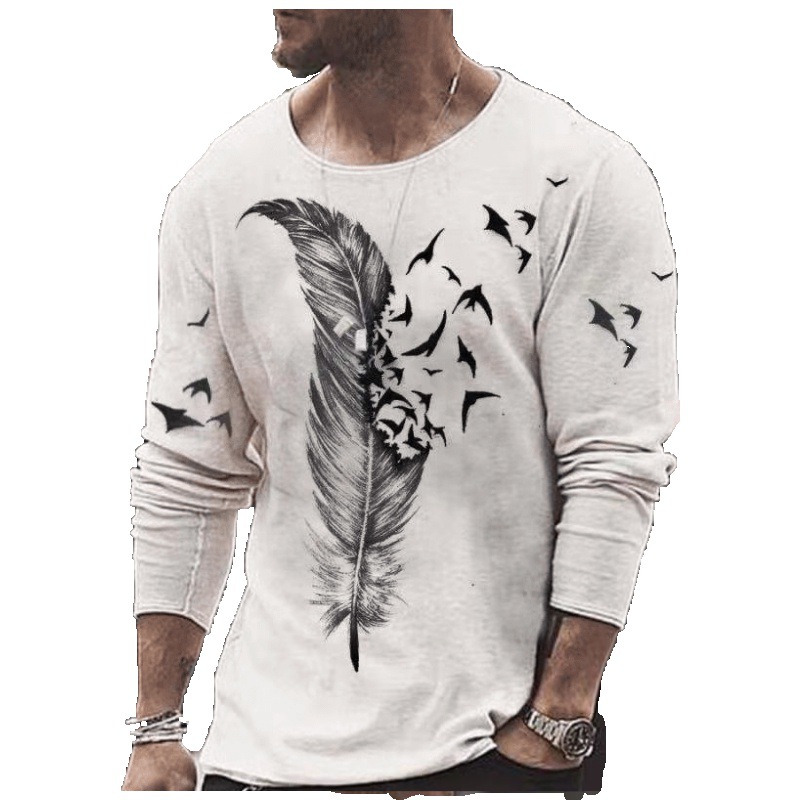 

2 Colors Mens T Shirts Rose Feather Printing Tee Casual O-neck Long Sleeve, White