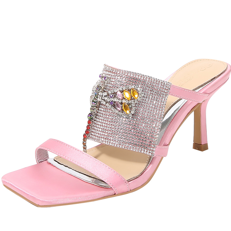 

Ladies' fashionable slippers with square head, dragonfly Rhinestone Stiletto open toe, Size: 34-41, pink, Black 9.5cm