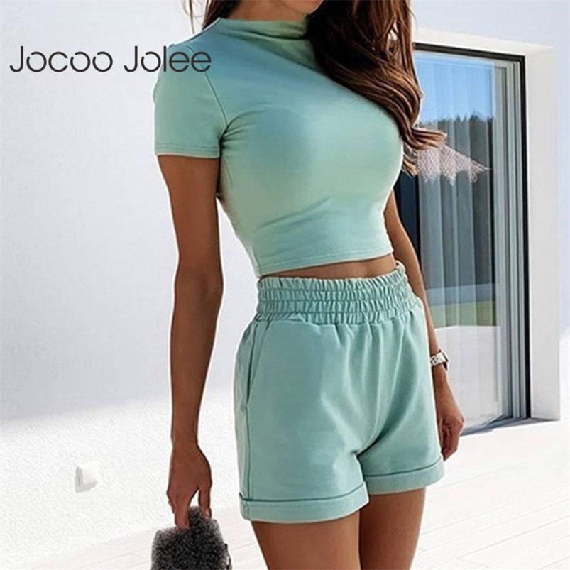 

Jocoo Jolee Women Summer Two Pieces Set O-Neck Casual Skinny Crop Top Tracksuit And Elastic Waist Pockets Loose Solid Shorts 210721, Pink