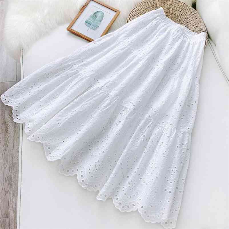 Summer New Korean Women Hollow Embroidery Casual Skirt Solid Color White Black Literary Temperament Pettiskirt 210412Z