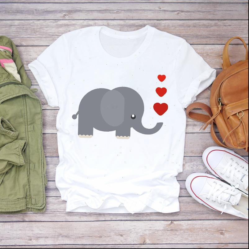 

women t shirt cartoon 90s love sweet cute elephant clothes lady shirts womens ladies graphic female tee, White