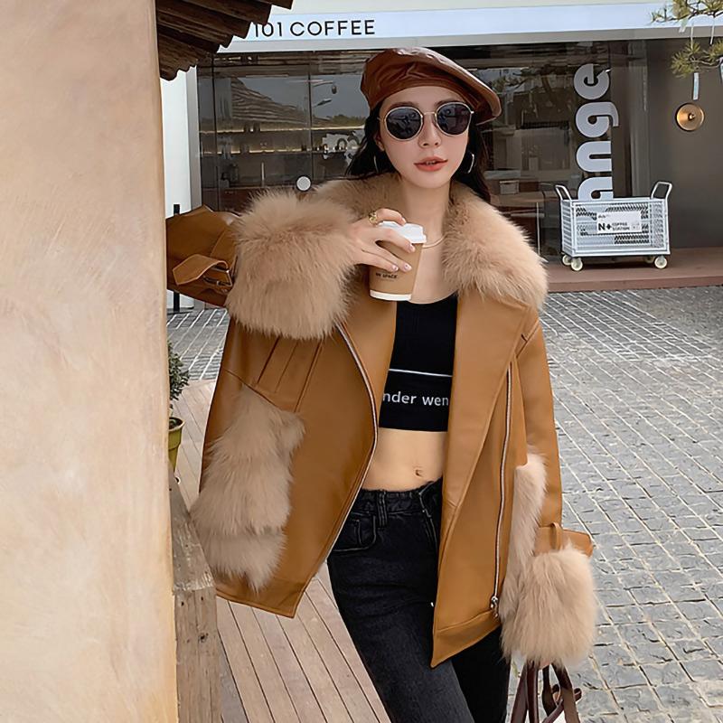 

Women's Fur & Faux Real Parka Winter Warm Coat Genuine Sheepskin Leather Jacket Lady Collar Fashion Style Clothing XM3645, Black