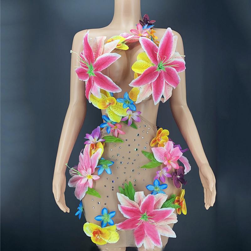

Stage Wear Sexy Mesh Rhinestone Flower Dress Nightclub Bar Dj Costumes Party Festival Outfits Female Singer Costume DN10839, As picture