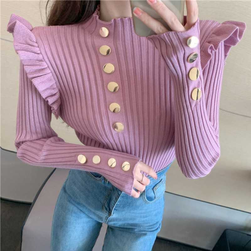 

Autumn Ladies Fashion Single-breasted Knitted Sweater Women Ruffles Long Sleeve Chic Solid Color Pullover Top 210526, Photo color