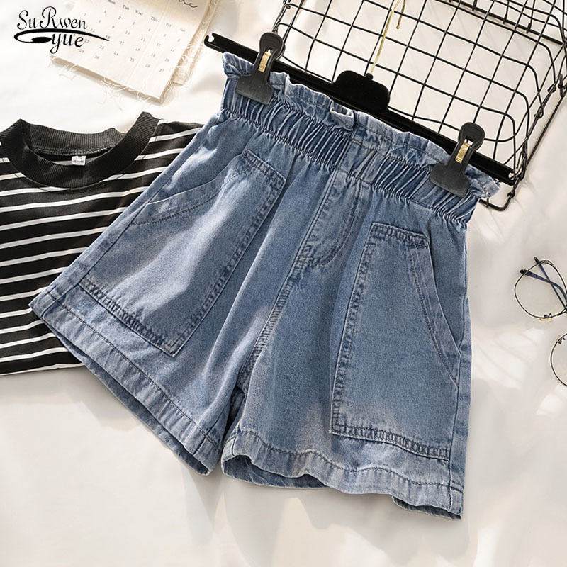 

Summer Casual Loose Elastic High Waist Shorts Women Blue Plus Size Denim Jeans Femme 9837 210521