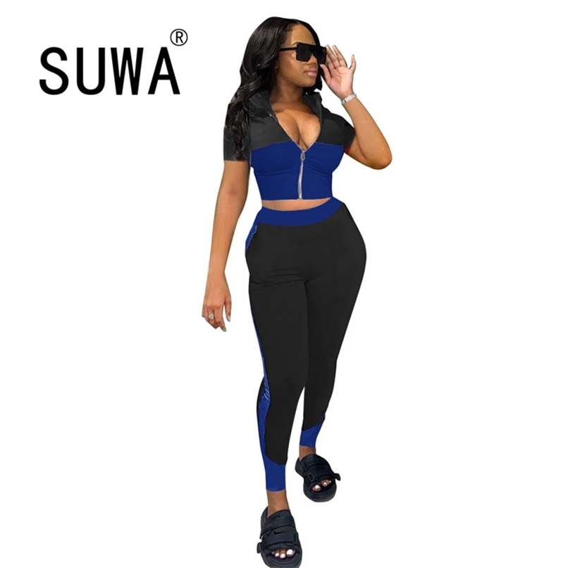 

2 Piece Outfits For Women Sets Clothes Contrast Short Sleeve Slim Crop Top High Waist Pants Sweatpants Yoga Sweat Suit Wholesale 210525, Blue